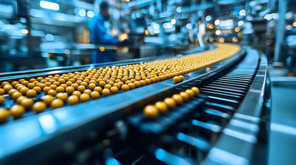 Obraz premium Orange spheres move along a conveyor belt in a brightly lit industrial factory with a person in the background.
