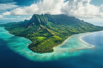 Fototapeta premium Aerial View of Lush Green Island Surrounded by Vibrant Blue Ocean and Dramatic Mountain Range