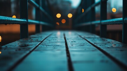 a bridge with a metal railing and lights on it at night time