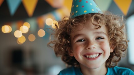 A young boy with curly hair is wearing a blue shirt and a blue party hat