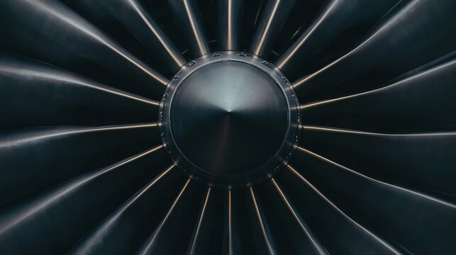 A close up of a jet engine with a black and silver color scheme