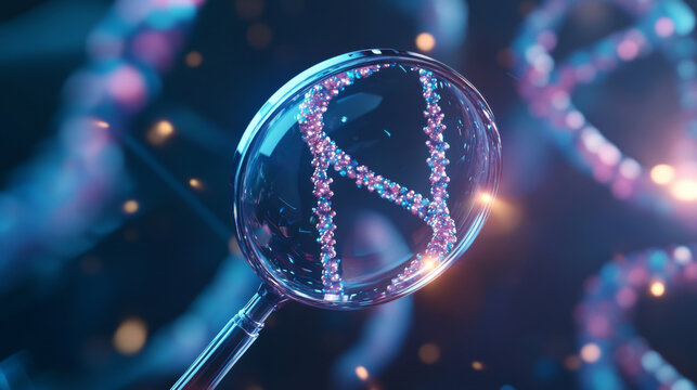 Genetic laboratory research low poly wireframe illustration. 3D DNA double helix molecule and magnifying glass with connected dots. Polygonal chromosome analyzing mesh art. Glitch microbiological