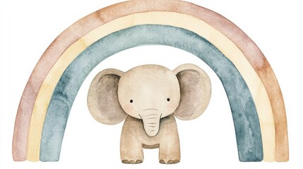 watercolor baby elephant with rainbow and copy space for text.