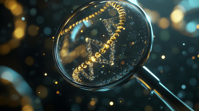 Genetic laboratory research low poly wireframe illustration. 3D DNA double helix molecule and magnifying glass with connected dots. Polygonal chromosome analyzing mesh art. Glitch microbiological