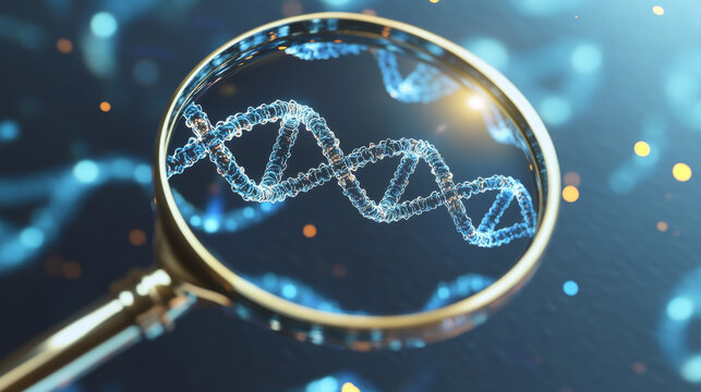 Genetic laboratory research low poly wireframe illustration. 3D DNA double helix molecule and magnifying glass with connected dots. Polygonal chromosome analyzing mesh art. Glitch microbiological