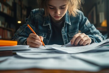 a young girl diligently studying and writing at a desk.