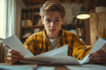 a young man is looking at papers with a worried expression on his face.