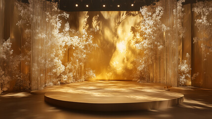 A golden stage with plant designs and natural light shadows. 