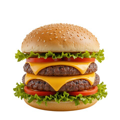 Delicious cheeseburger with two patties and fresh vegetables on a white background