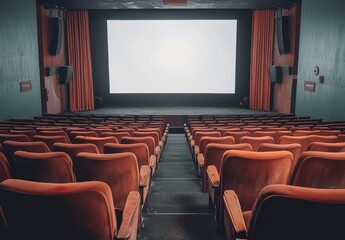 Fototapeta premium An abandoned cinema with rows of old seats and an empty screen, capturing the eerie silence in a forgotten space.
