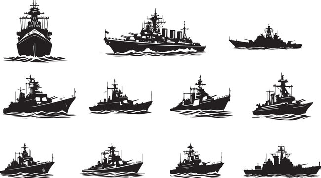 Warship navy silhouettes set, large pack of vector silhouette design, isolated vector illustration