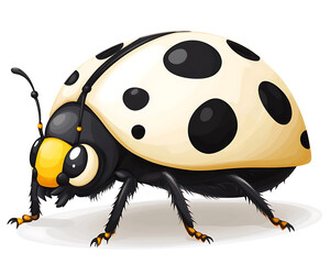 Obraz premium Cartoon illustration of a ladybug with a cream-colored shell adorned with large round black spots on a white background.