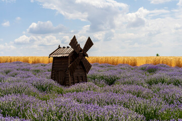 Decorative wooden windmill on a lavender field, Colonita, Moldova