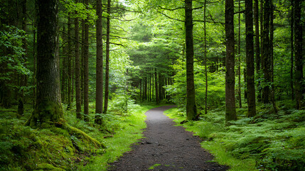 Fototapeta premium Winding Forest Path Through Dense Green Trees And Sunlight Reaching the Ground