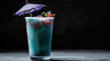 Frozen blue cocktail with berries and parasol on dark background