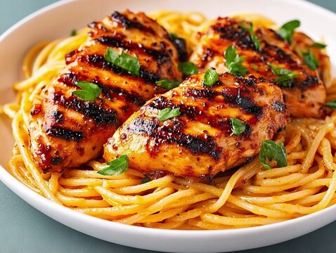 Grilled chicken pasta dish italian restaurant food photography cozy atmosphere close-up delicious eating