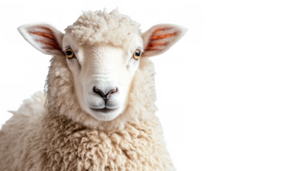 A close-up of a curious sheep's face with a fluffy coat, isolated on a transparent background.