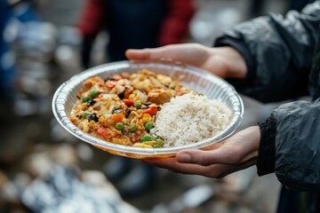 a person holding a plate of food, likely for donation, with rice and other food items.