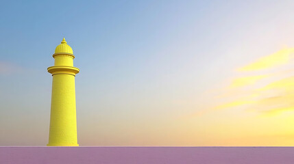 A yellow lighthouse stands against a pastel gradient sky with a sunset glow illuminating the horizon.