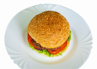 Juicy hamburger with fresh vegetables on a plate