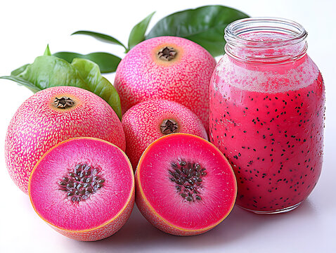 Pink fruits with speckled skin and a glass jar filled with vibrant magenta-colored fruit juice.