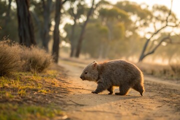 Wombat exploring a sunlit path in a tranquil australian landscape nature photography serene environment early morning viewpoint
