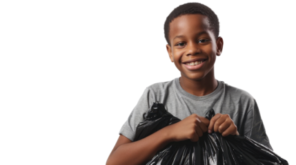 Young volunteer holding a black garbage bag on transparent background