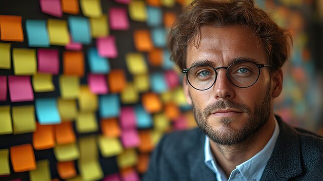 A confident businessman sits before a sticky note wall, symbolizing multitasking and time management challenges in a high-pressure work environment.