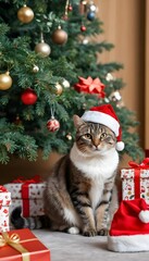 The image shows a cat wearing a red Santa hat sitting in front of a Christmas tree. The cat is a tabby with brown and white fur and is looking directly at the camera. The tree is decorated with gold a