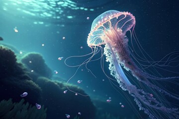 Naklejka premium Graceful jellyfish dance beneath ocean waves underwater scene nature photography serene aquatic environment close-up view marine life exploration