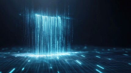 coding data flowing like digital waterfall glowing in electric cyan over deep black background