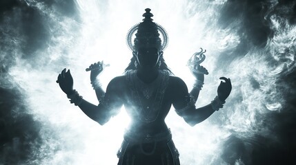 Lord Vishnu silhouette, Four arms, grand celestial represents wisdom, power, strength, valor, energy, and splendor. heavenly lighting