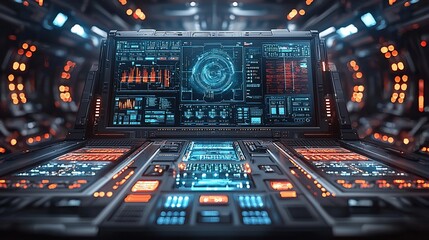 Fototapeta premium Futuristic control panel with glowing interface in a high-tech spaceship interior