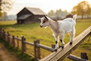 Obraz premium Playful goat balancing on a fence serene farm landscape animal photography rural setting close-up view nature's beauty