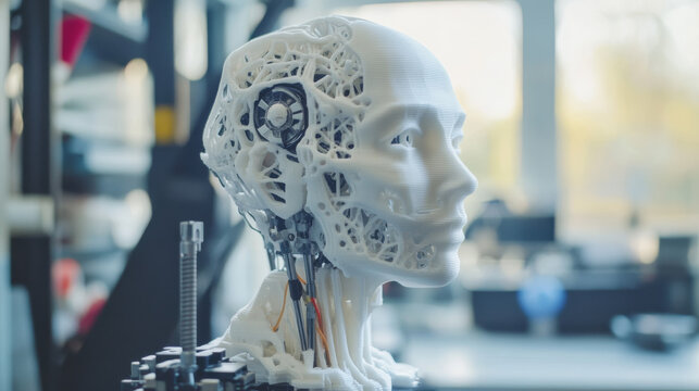 3d printing workshop. 3d printer printed Robot head. Robot parts manufacturing with additive technology. 3d printing equipment, plastic filament, and tools used in engineering and prototyping industry