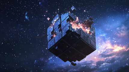 Abstract mash line and point 3D Disassembled Puzzle cube on white background with an inscription. Starry sky or space, consisting of stars and the universe. Vector team building illustration