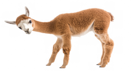 A cute baby alpaca with soft, fluffy fur, curiously tilting its head, isolated on a transparent background.