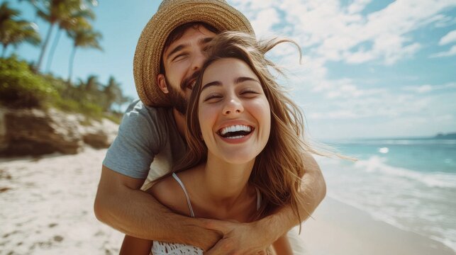 Happy man giving piggyback ride to his woman and laughing at tropical beach. Smiling guy in love carrying on back her girlfriend and having fun. Joyful couple enjoying summer at sea with copy space.