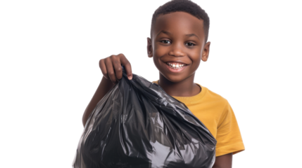 Young boy holding a garbage bag on transparent background