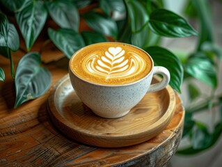Latte Art in a Coffee Cup on Wooden Table