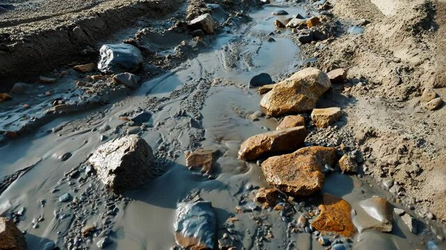 A landslide, mudflow that occurred in a forested mountainous area. A large amount of mud flows down the slope