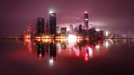 Fototapeta premium Illuminated skyline of tall buildings reflected in tranquil waters at night