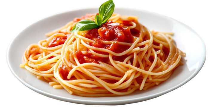 Tomato Spaghetti, a dish of spaghetti with tomato sauce on a white plate, isolated on a transparent background. PNG
