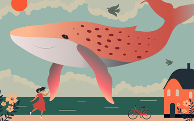 Girl walking along the embankment in summer with her friend pink whale. Vector.