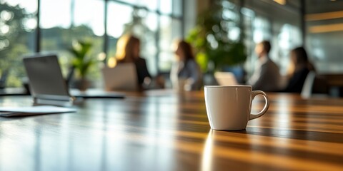 a close-up of a coffee cup on a table with blurred people in the background.
