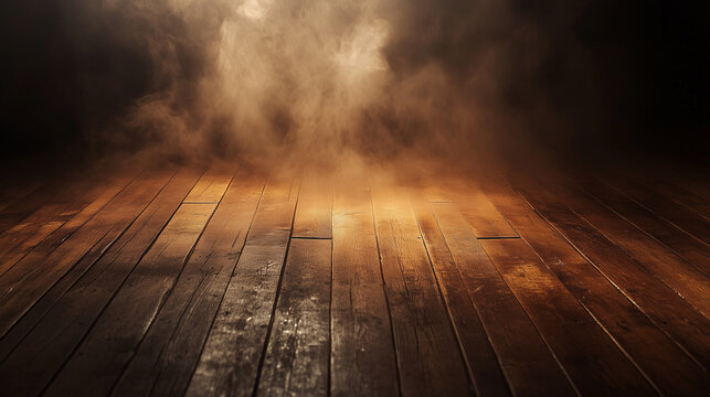 Fog rolling across wooden floor in a dimly lit space during evening. 
