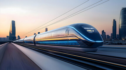 Futuristic High-Speed Electric Train in a Modern City at Sunset with Illuminated Skyscrapers in the Background