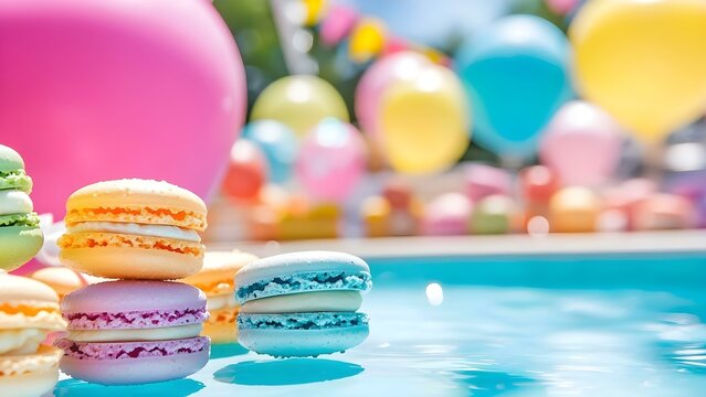 Colorful macarons are displayed near a pool, with vibrant balloons in the background, creating a festive atmosphere. Concept Macaron Display, Poolside Party, Festive Decorations, Vibrant Balloons