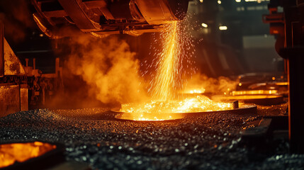 Heavy-duty steel mill with molten metal pouring into casting molds, intense heat.