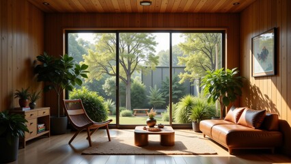 Bright, inviting eco chic interior for creative kids featuring natural wood elements, cozy seating, green plants, creating tranquil atmosphere. Concept focuses on eco chic interior for creative kids.